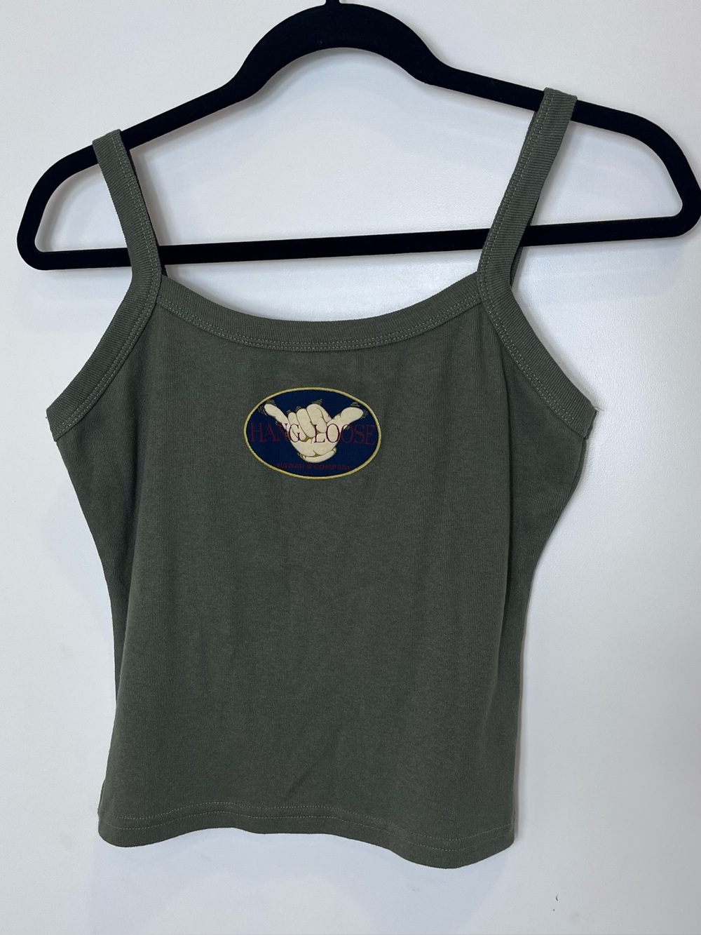 Hang Loose Y2K Olive Green Graphic Cami Tank Top Chain Made in USA Cotton Large